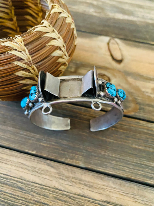 Old Pawn Vintage Handcrafted Turquoise & Sterling Silver Watch Cuff Signed