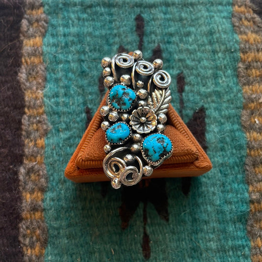 Handcrafted Sterling Silver & Turquoise Flower Ring Size 12