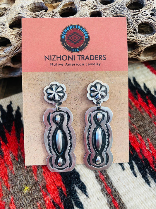 Navajo Sterling Silver Concho Dangle Earrings By Leander Tahe