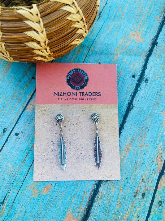 Handcrafted Sterling Silver Concho Feather Dangle Earrings