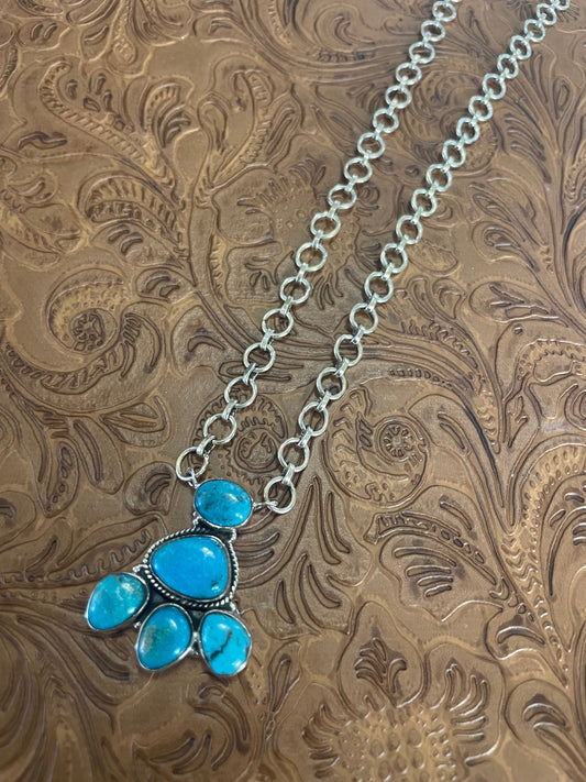 Handmade Sterling Silver & Turquoise Cluster Necklace Signed Nizhoni