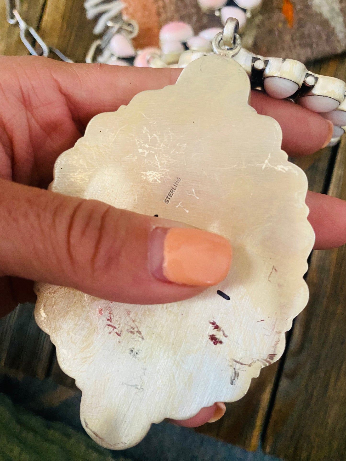 Handcrafted Queen Pink Conch Shell And Sterling Silver Cluster Necklace