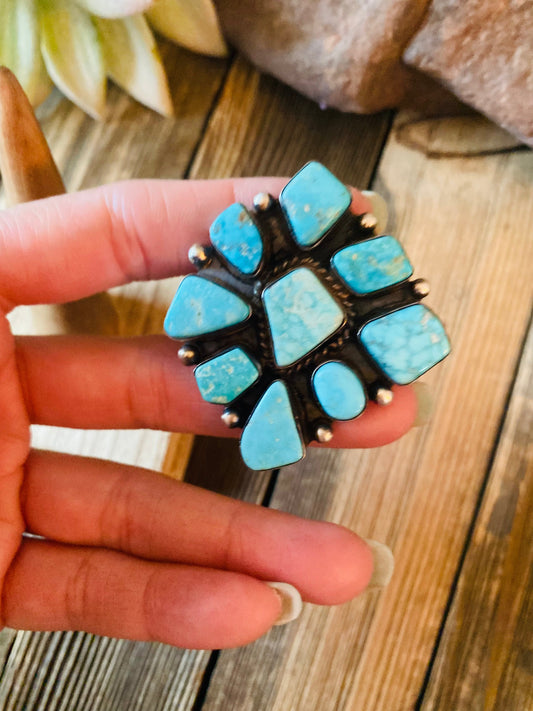 Handcrafted Kingman Turquoise & Sterling Silver Cluster Ring Size 9