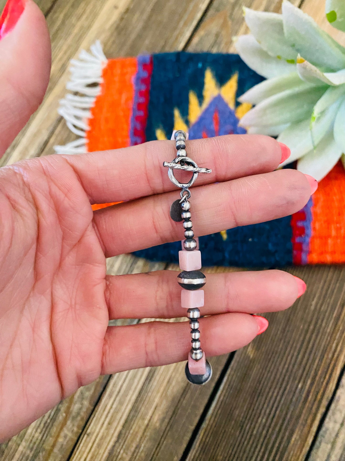 Navajo Queen Pink Conch Shell & Sterling Silver Beaded Bracelet