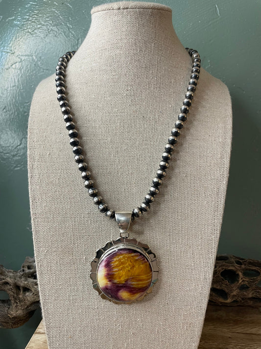 Handcrafted Sterling Silver & Purple Spiny Pendant Signed
