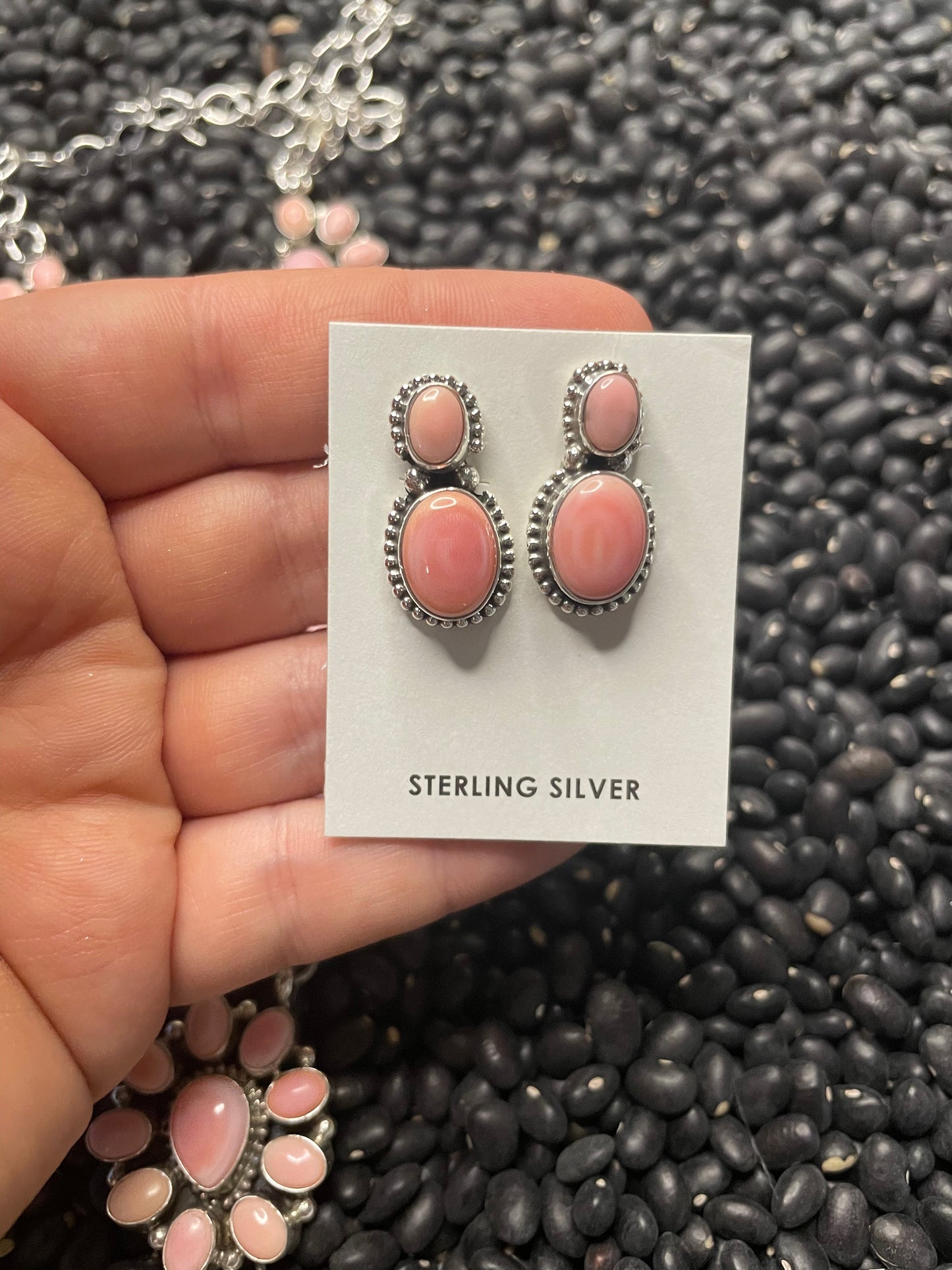 Handcrafted Queen Pink Conch Shell And Sterling Silver Necklace Earrings Set By Sheila Becenti