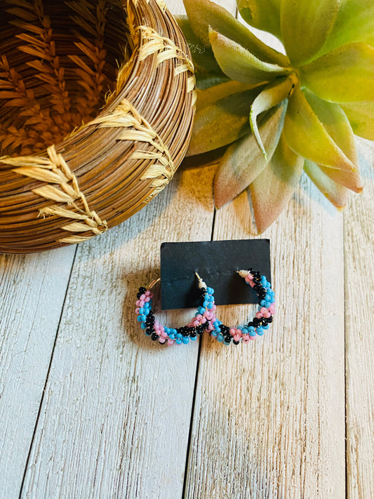 Handcrafted Handmade Beaded Hoop Earrings- Lt blue, pink