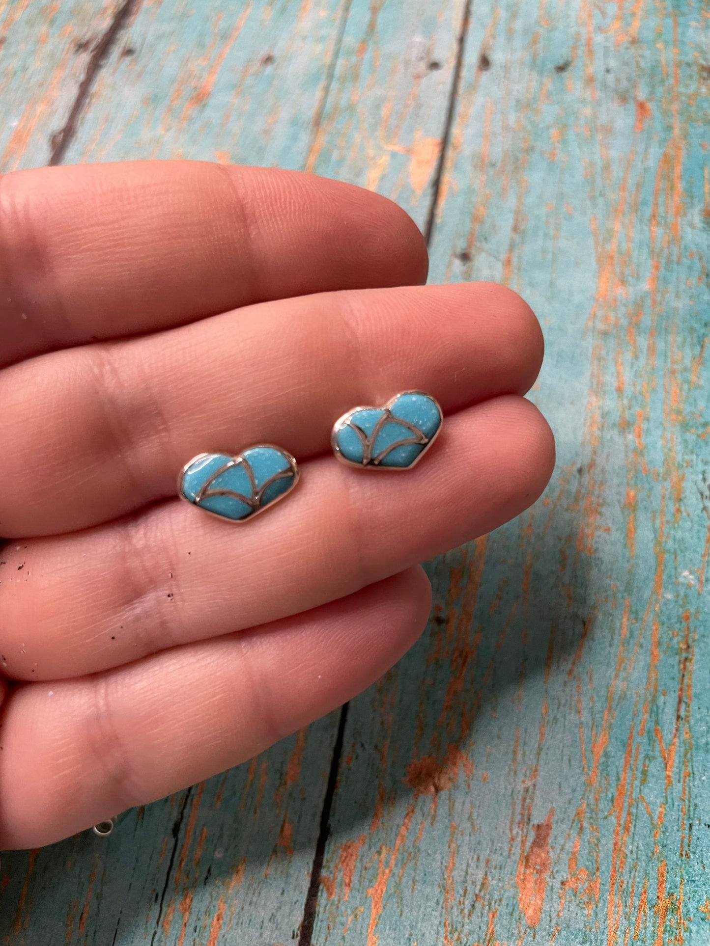 Handcrafted Sterling Silver & Turquoise Inlay Stud Heart Earrings