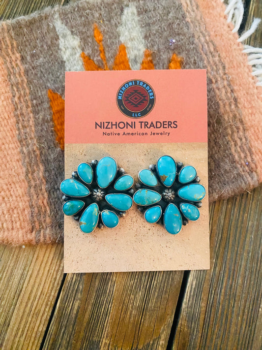 Navajo Sterling Silver & Natural Turquoise Cluster Post Earrings
