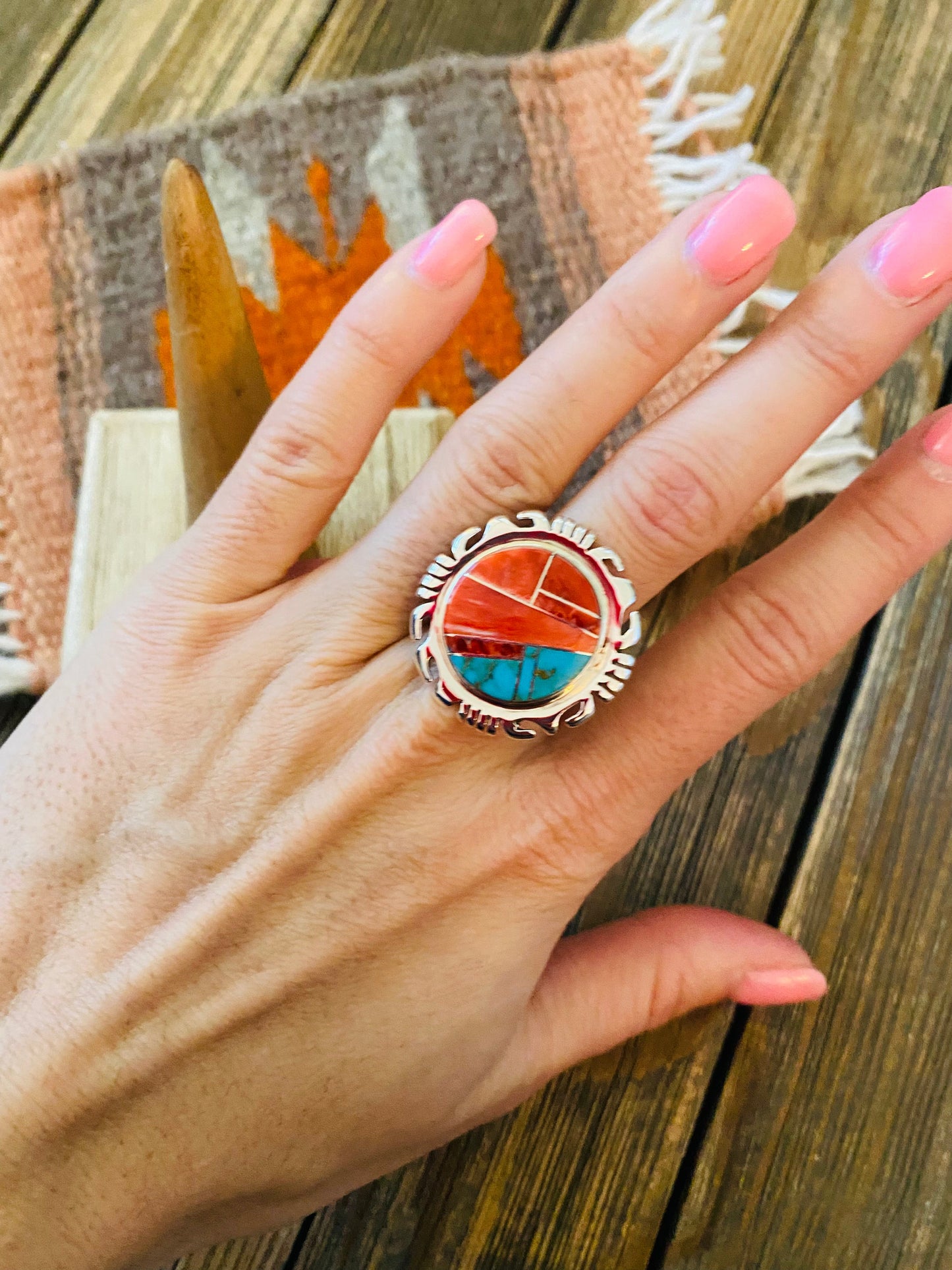 Handcrafted Sterling Silver, Orange Spiny & Turquoise Inlay Ring Size 6.5