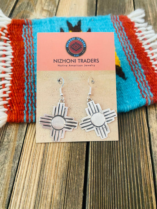 Handcrafted Hand Stamped Sterling Silver Zia Cross Dangle Earrings Signed