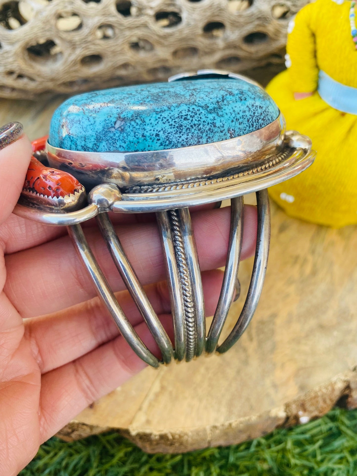 Handcrafted Incredible Bisbee Turquoise, Coral & Sterling Silver Jumbo Cuff Bracelet /