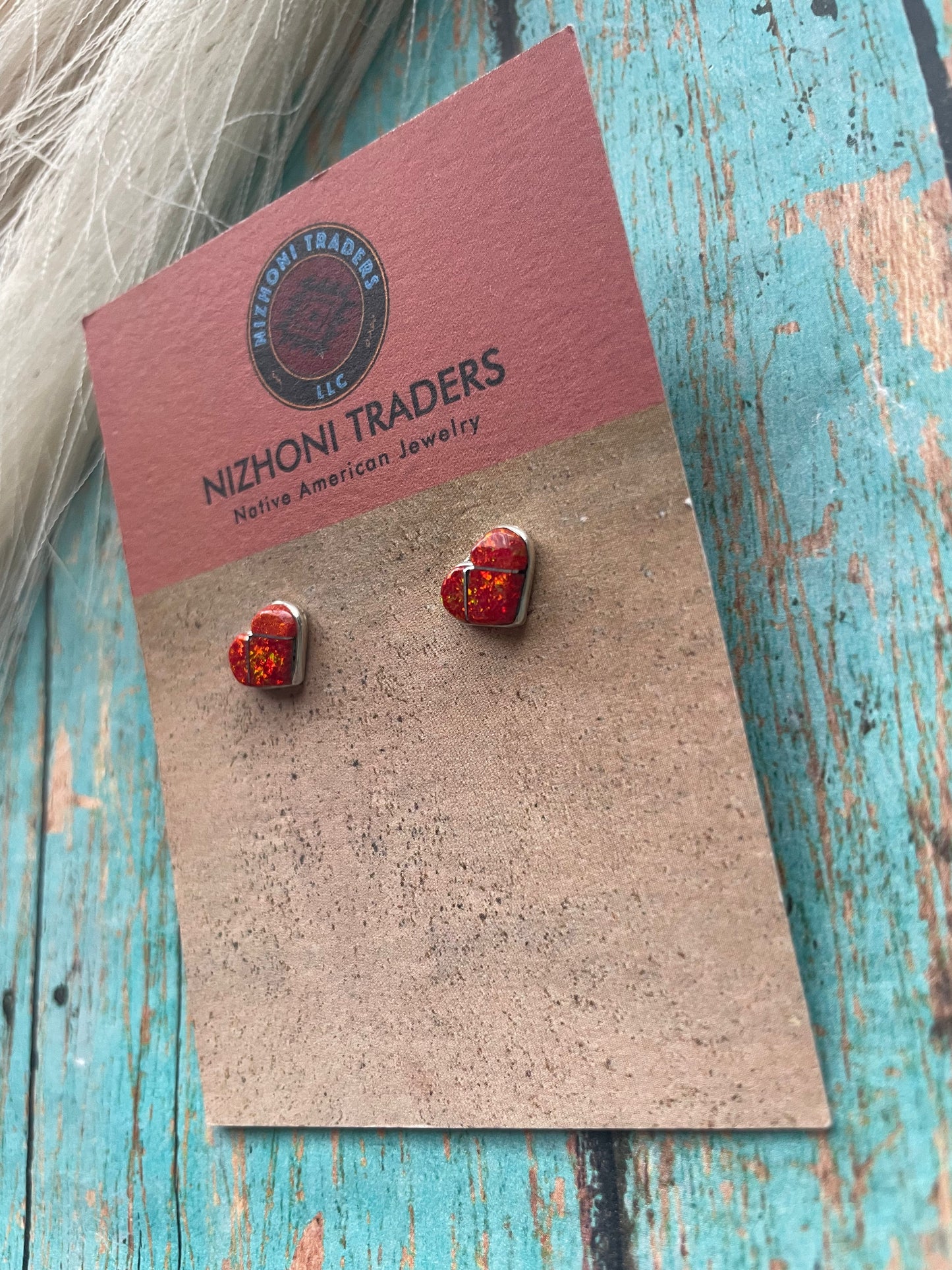 Handcrafted Sterling Silver & Red Opal Inlay Heart Stud Earrings