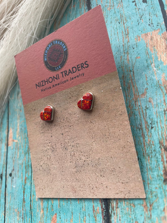 Handcrafted Sterling Silver & Red Opal Inlay Heart Stud Earrings