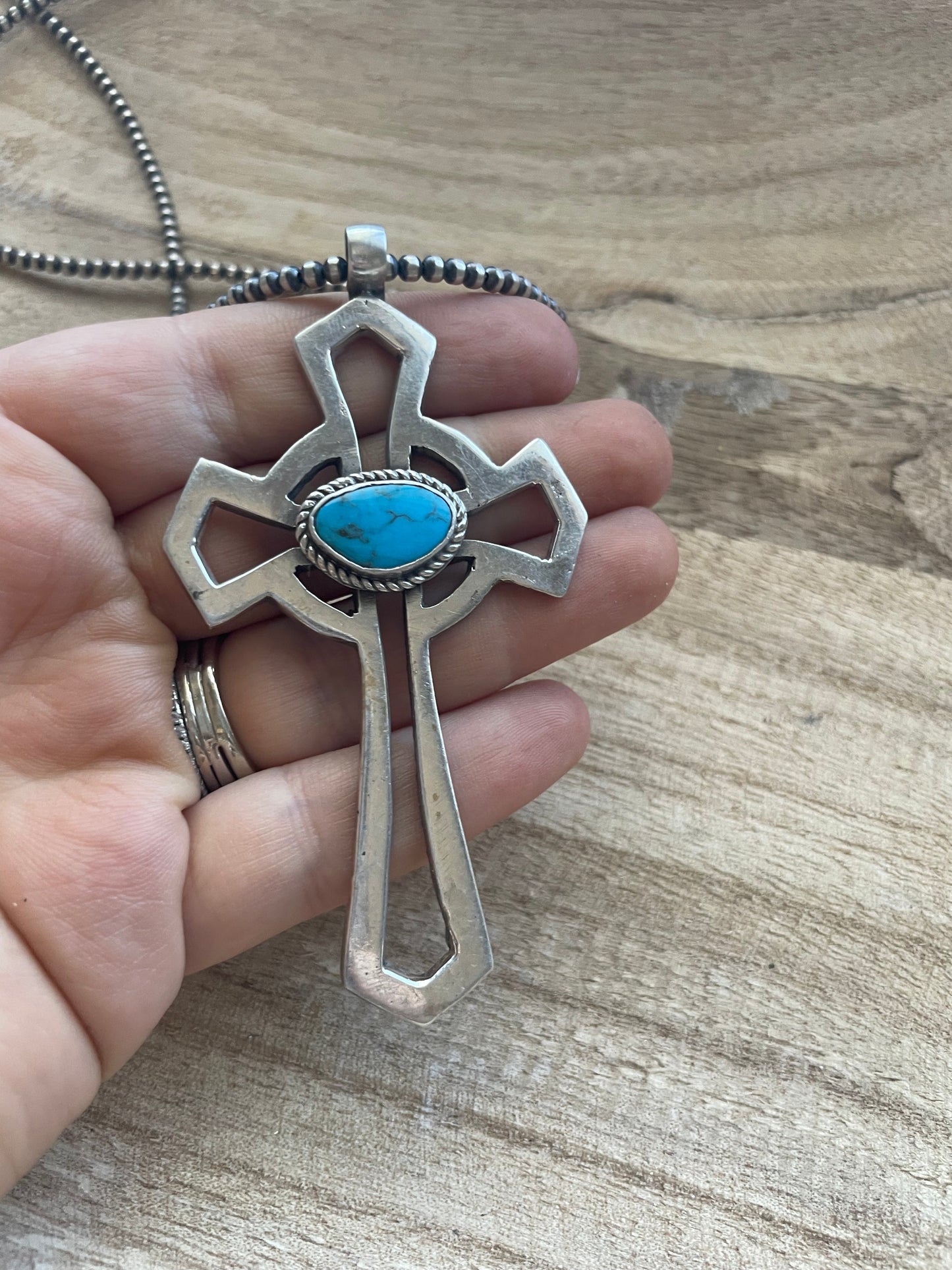 Handcrafted Sterling Silver & Turquoise Cross Pendant Signed Eugene Mitchell