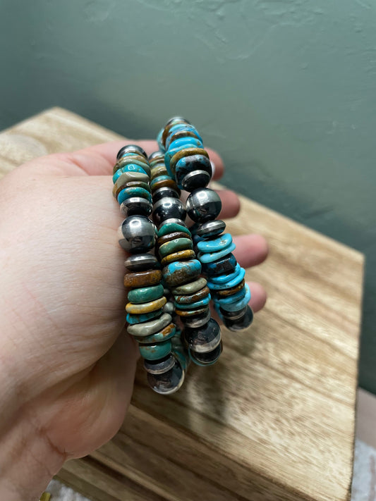 Handcrafted Sterling Silver Stretchy Natural #8 Turquoise Beaded Bracelet