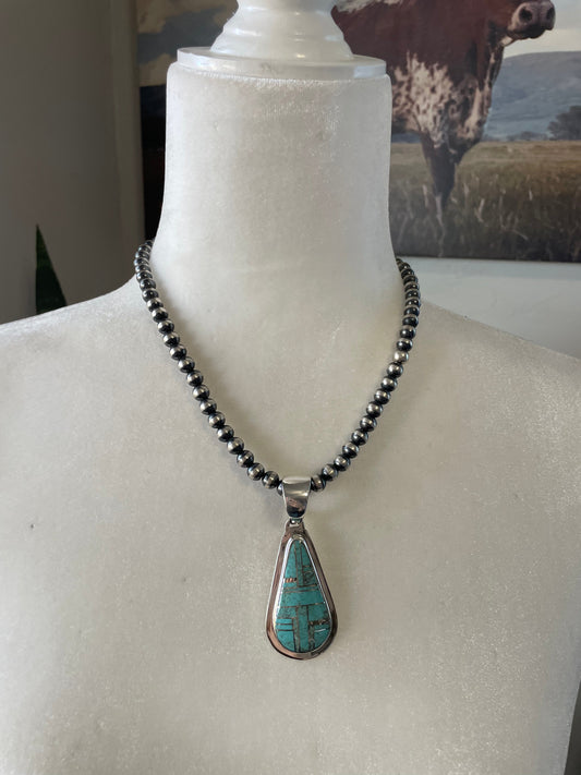 Handcrafted Number 8 Turquoise Inlay & Sterling Silver Pendant Signed