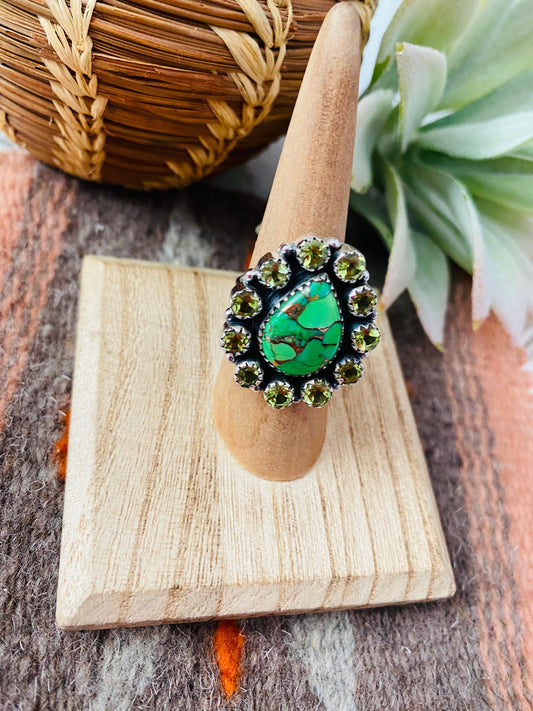 Handmade Sterling Silver, Green Mohave & Peridot Cluster Adjustable Ring