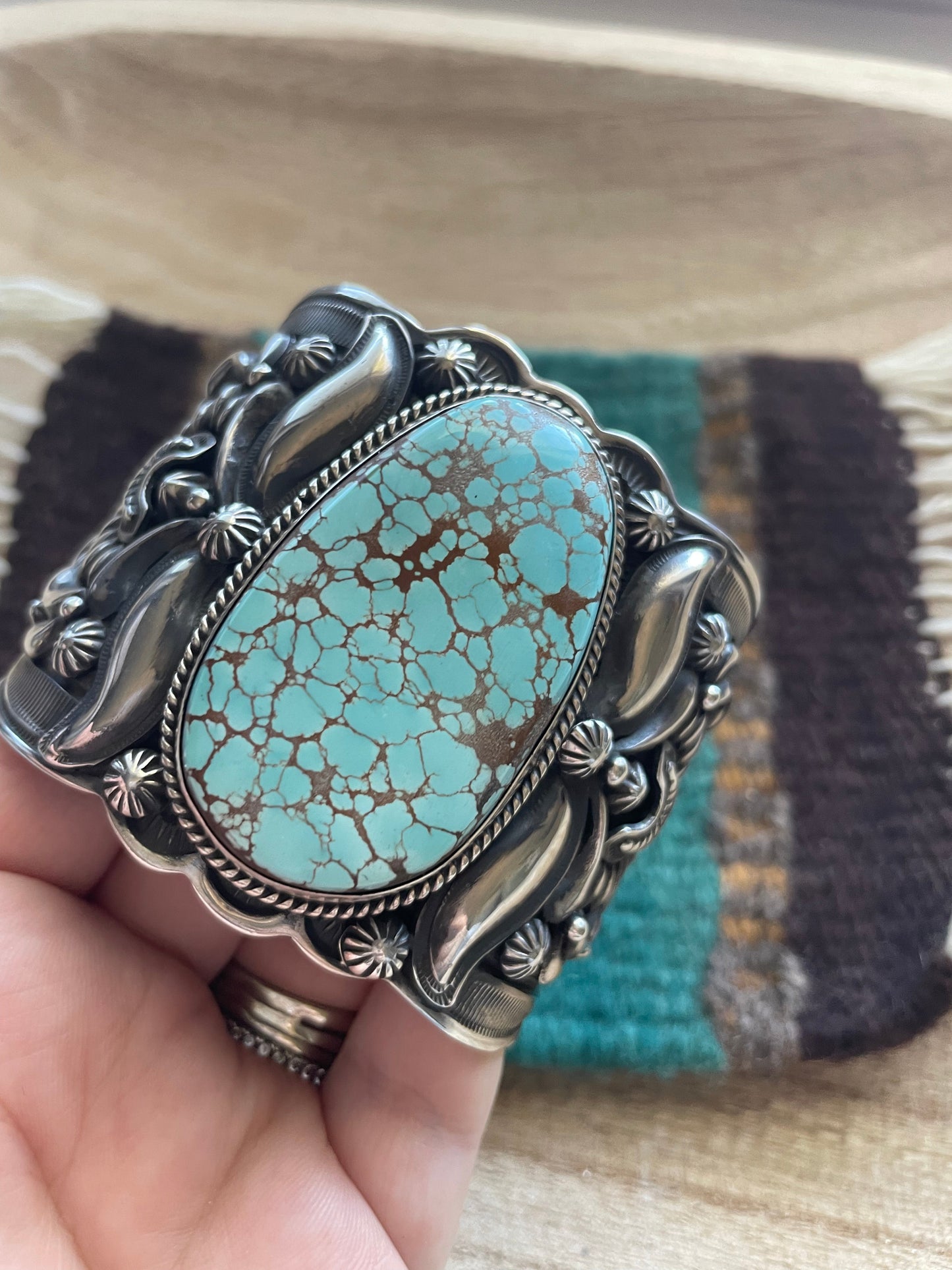 Navajo Sterling Silver & Number 8 Turquoise Cuff Bracelet Signed