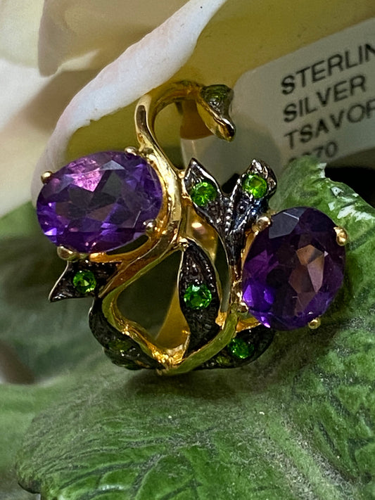 Amethyst Tsavorite Gold Plated Sterling Silver Ring 6.5