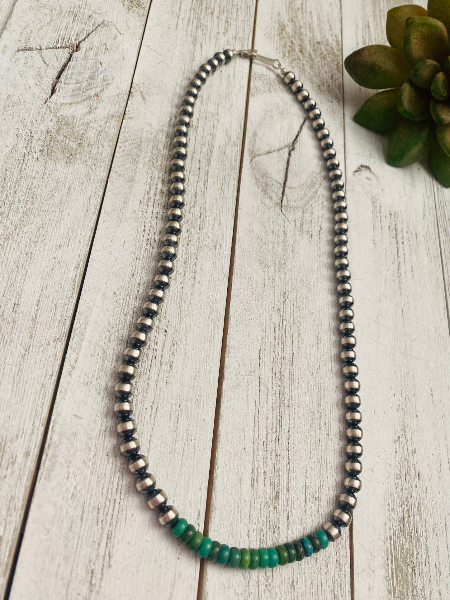 Handcrafted Turquoise & Sterling Silver Beaded 6mm Necklace 20”