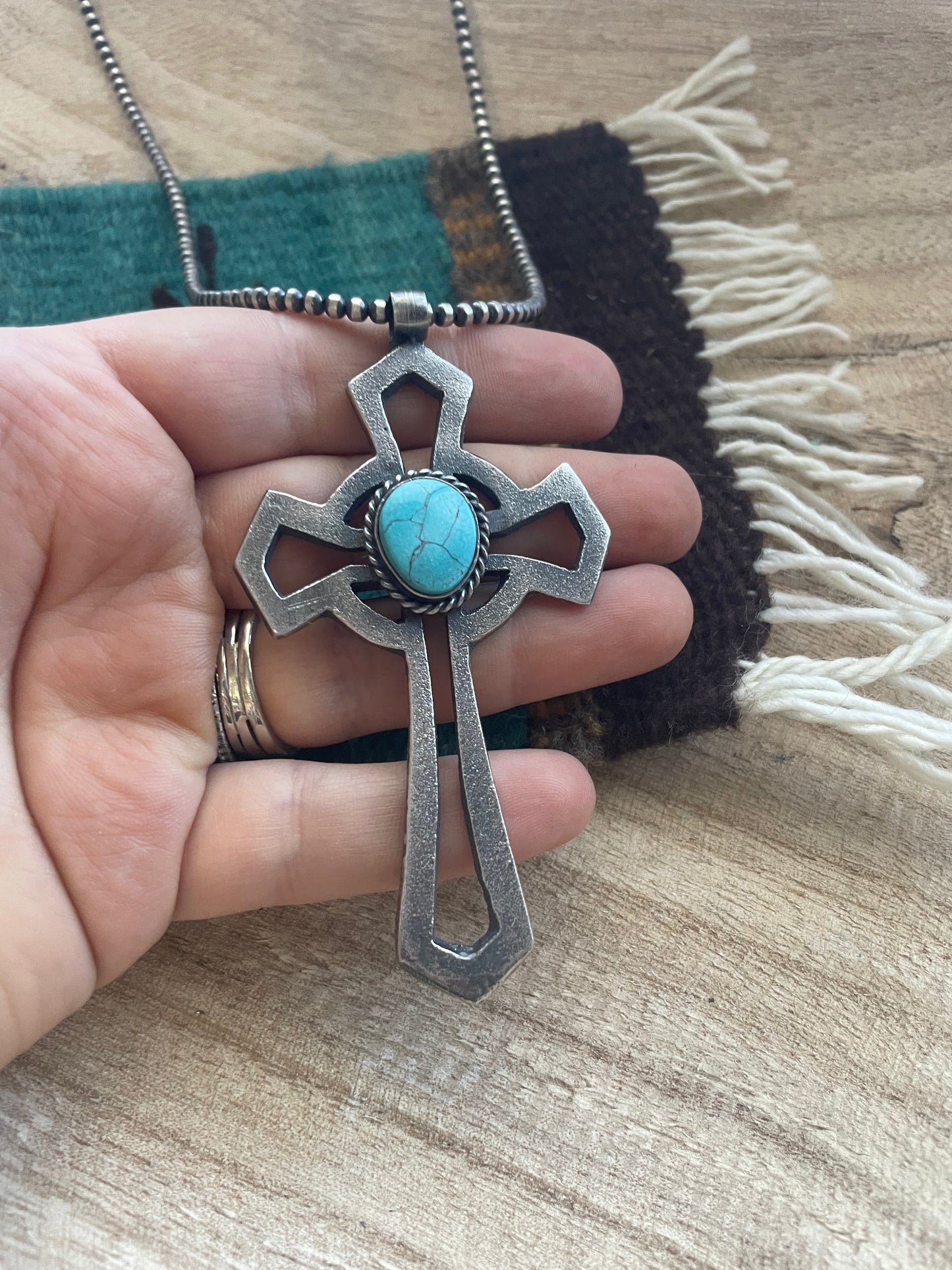 Handcrafted Sterling Silver & Turquoise Cross Pendant Signed Eugene Mitchell