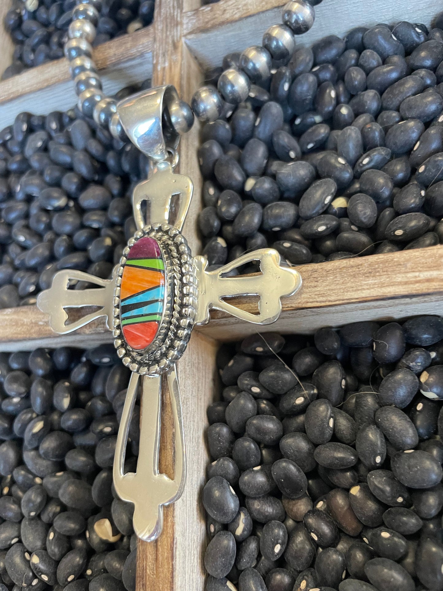 Handcrafted Multi Stone Inlay & Sterling Silver Cross Pendant Signed