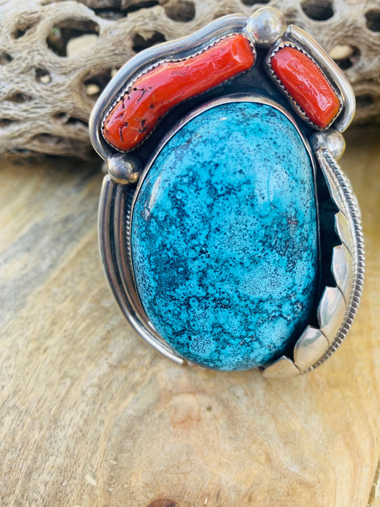 Handcrafted Incredible Bisbee Turquoise, Coral & Sterling Silver Jumbo Cuff Bracelet /
