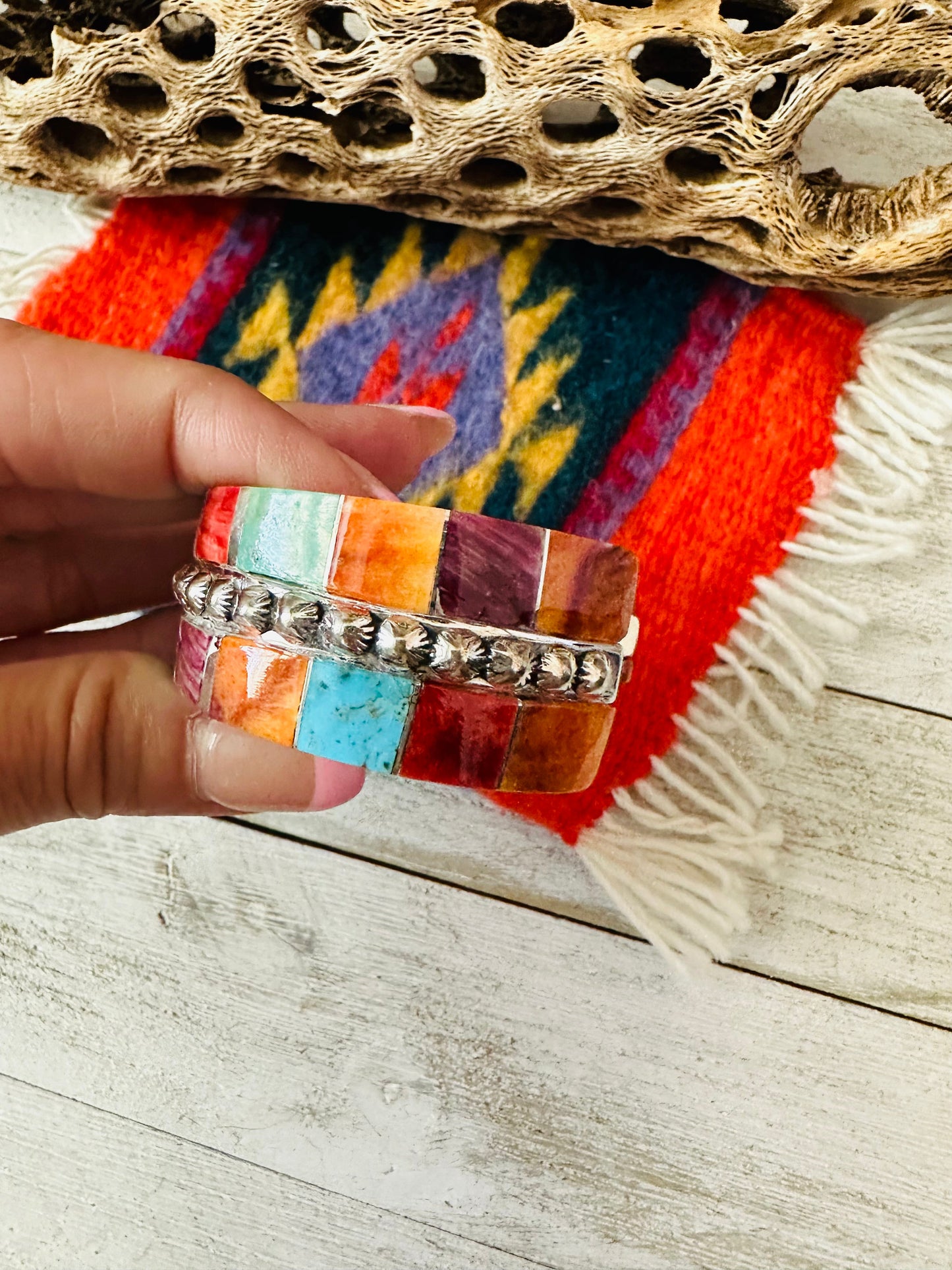 Handcrafted Multi Stone & Sterling Silver Inlay Cuff Bracelet