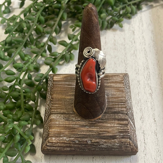 Handcrafted Coral & Sterling Silver Feather Ring Signed
