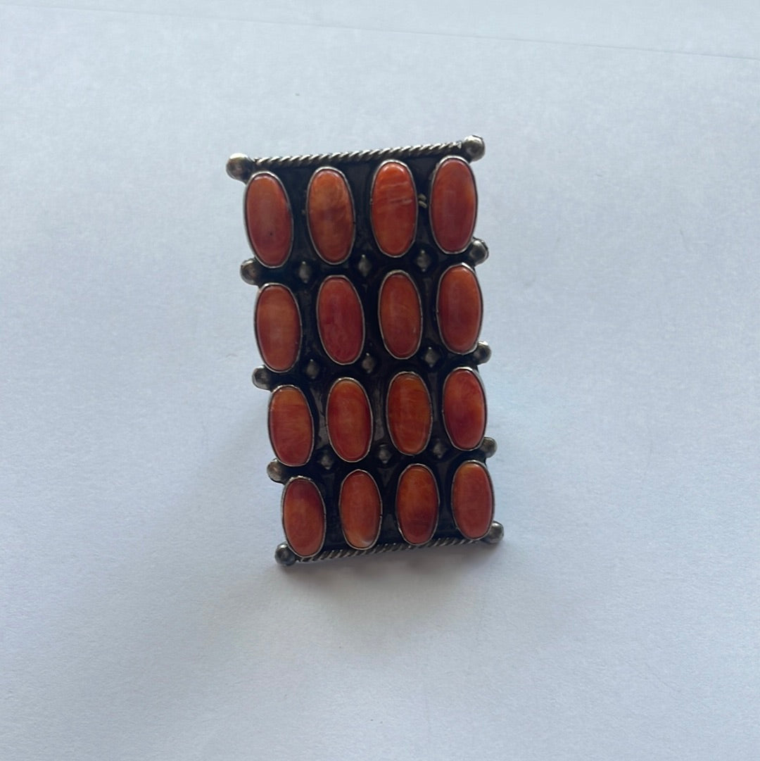 Handcrafted Sterling Silver & Orange Spiny Cluster Ring Size 8 Signed Jacquline Silver
