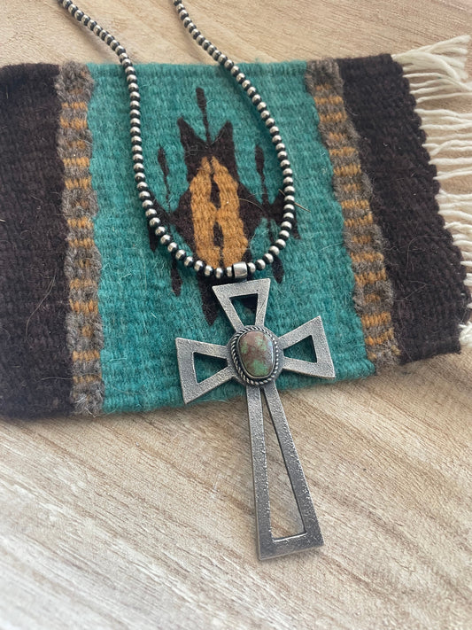 Handcrafted Sterling Silver & Turquoise Cross Pendant Signed Eugene Mitchell