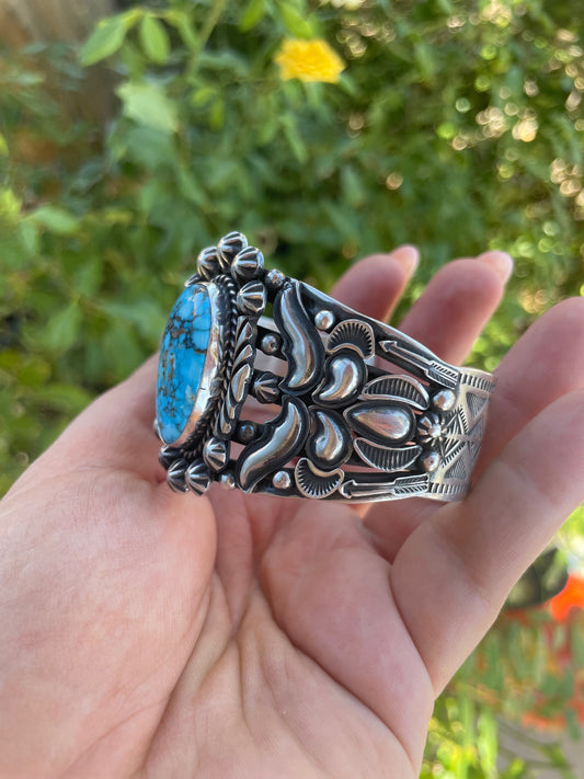 Handcrafted Turquoise & Sterling Silver Cuff Bracelet Signed Rick Werito
