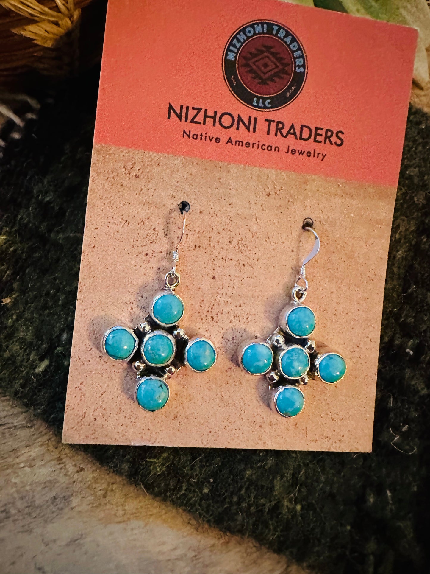 Navajo Sterling Silver & Turquoise Cluster Cross Dangle Earrings