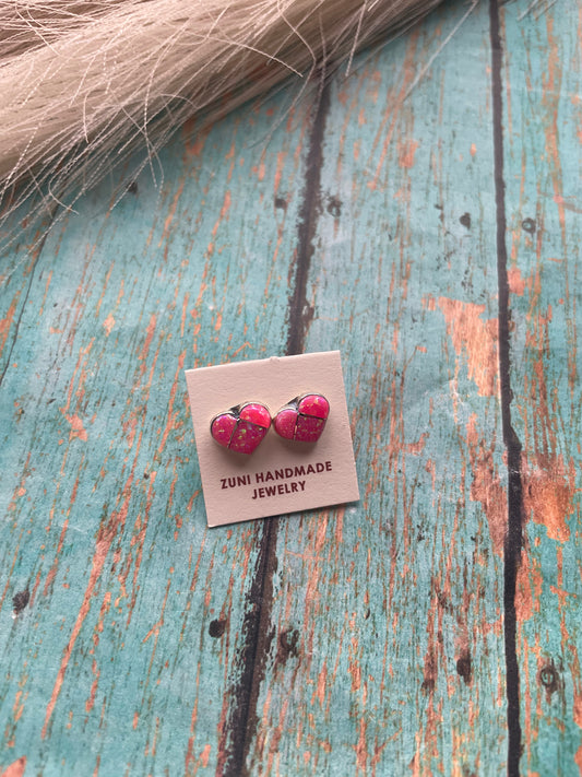 Handcrafted Sterling Silver & Pink Opal Inlay Heart Stud Earrings