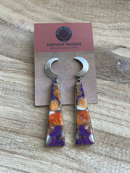 Handcrafted Sterling Silver & Purple Dream Slab Moon Dangle Earrings Signed