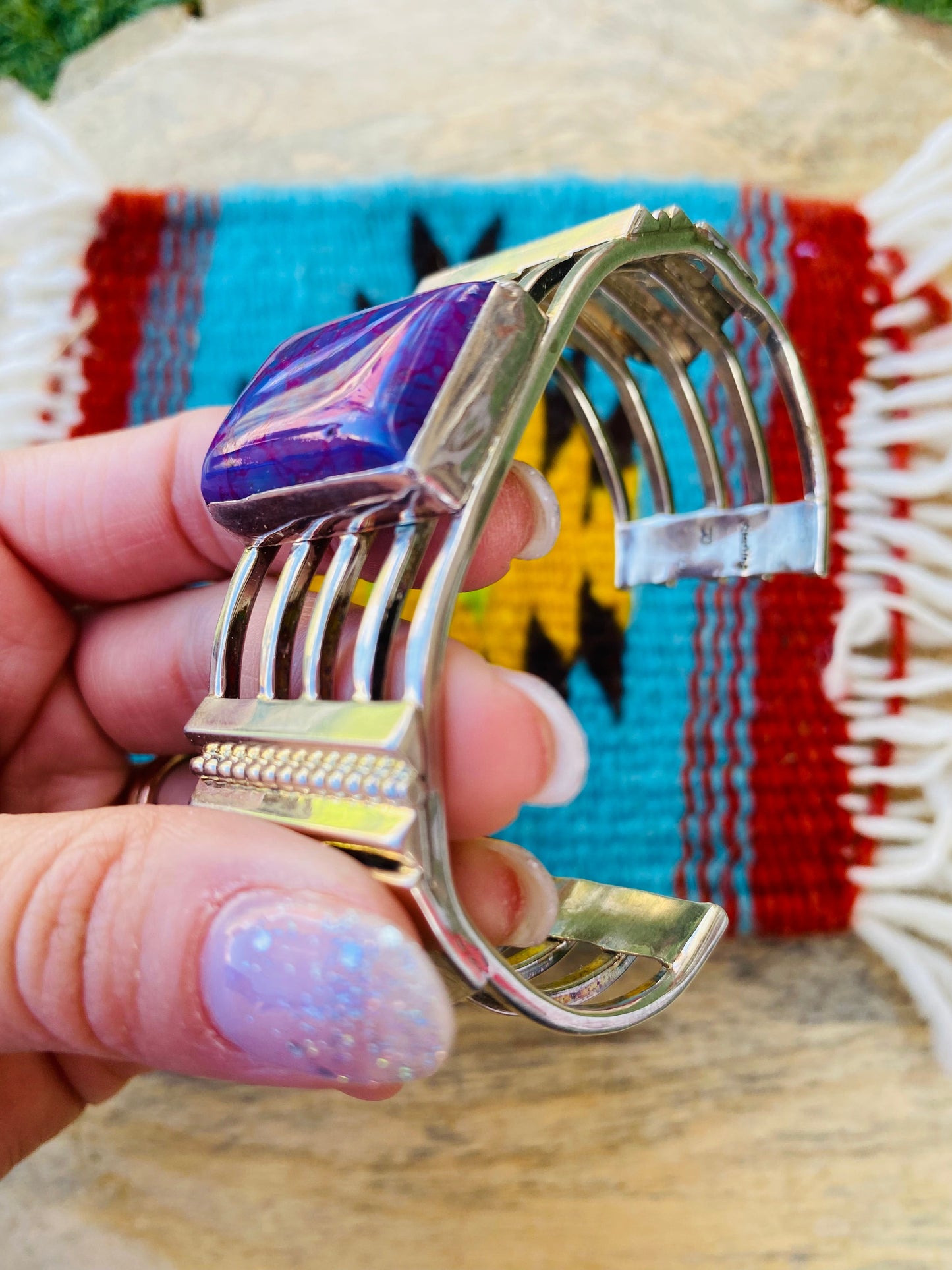 Navajo Purple Dream Mohave & Sterling Silver Cuff Bracelet Signed