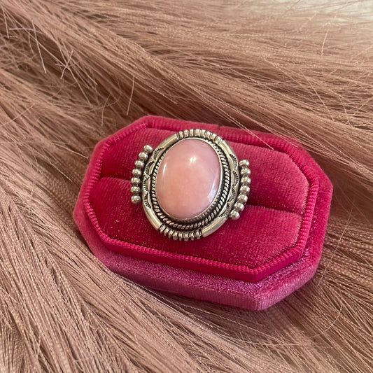 Gorgeous Handcrafted Pink Peruvian Opal And Sterling Silver Adjustable Ring