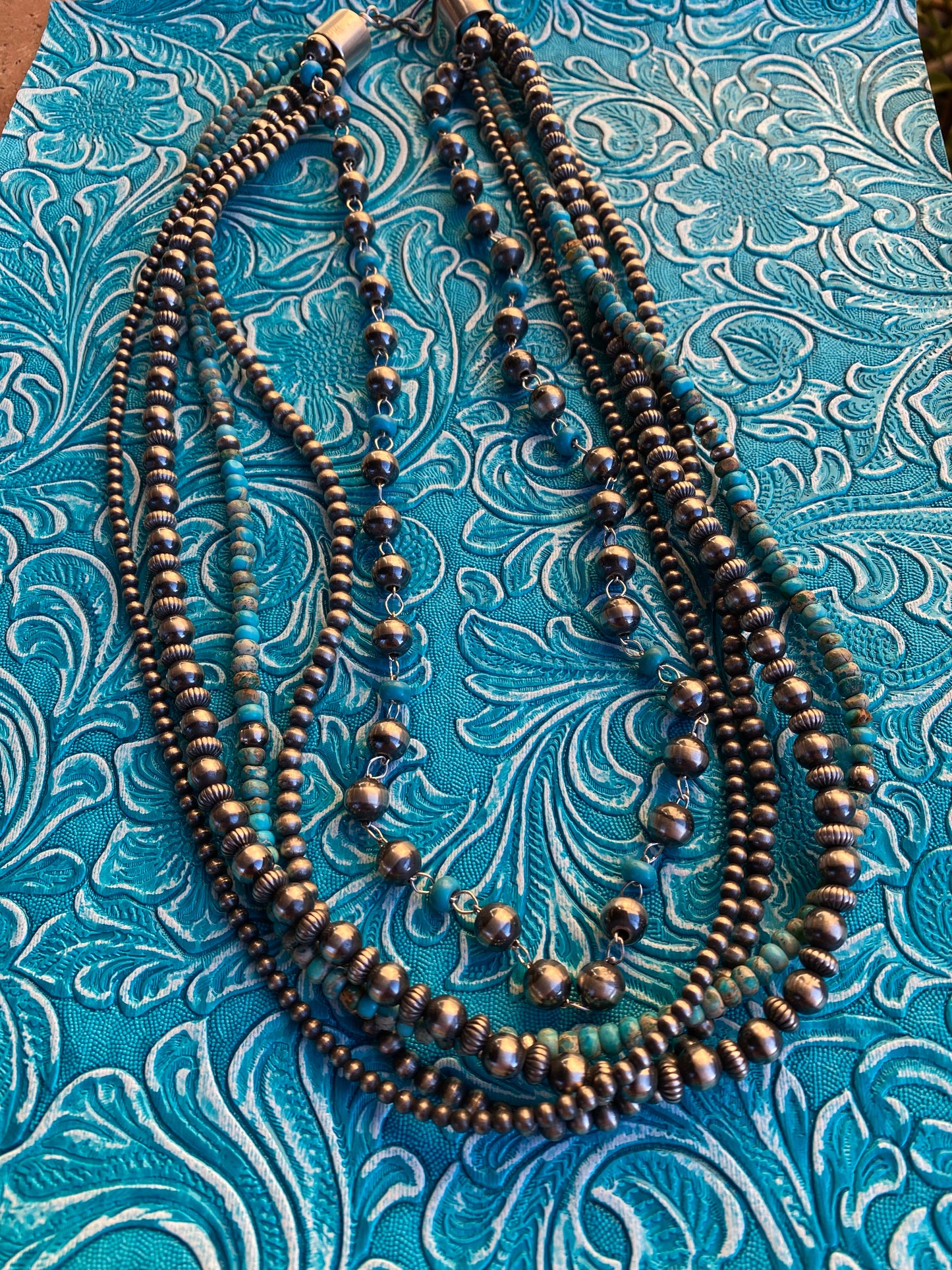 Handcrafted Turquoise & Sterling Silver 5 strand Beaded Necklace