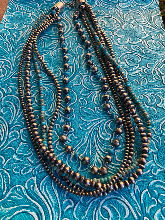 Handcrafted Turquoise & Sterling Silver 5 strand Beaded Necklace