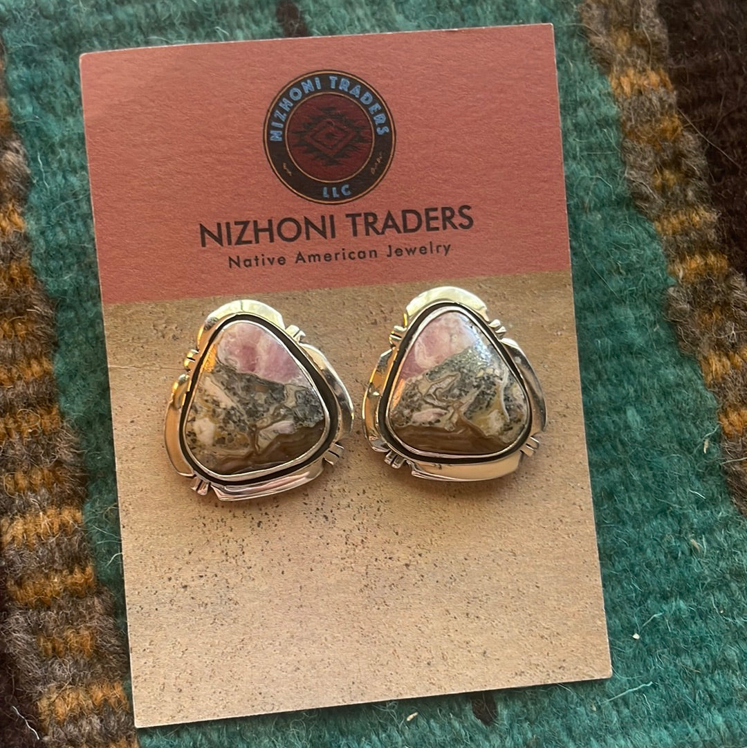 Navajo Sterling Silver & Rhodochrosite Stone Post Earrings Signed