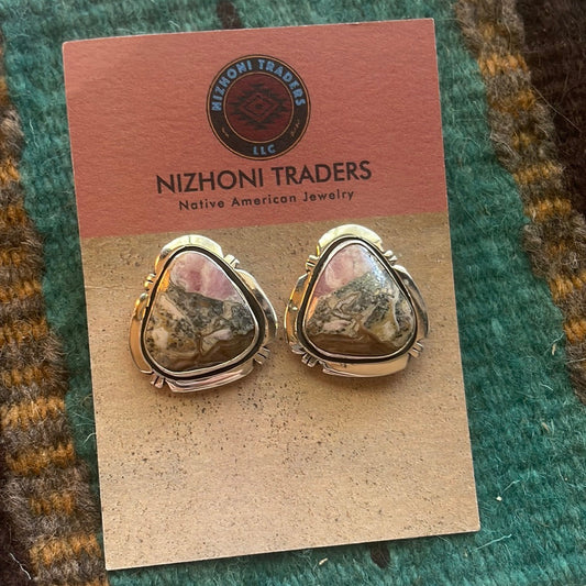 Handcrafted Sterling Silver & Rhodochrosite Stone Post Earrings Signed