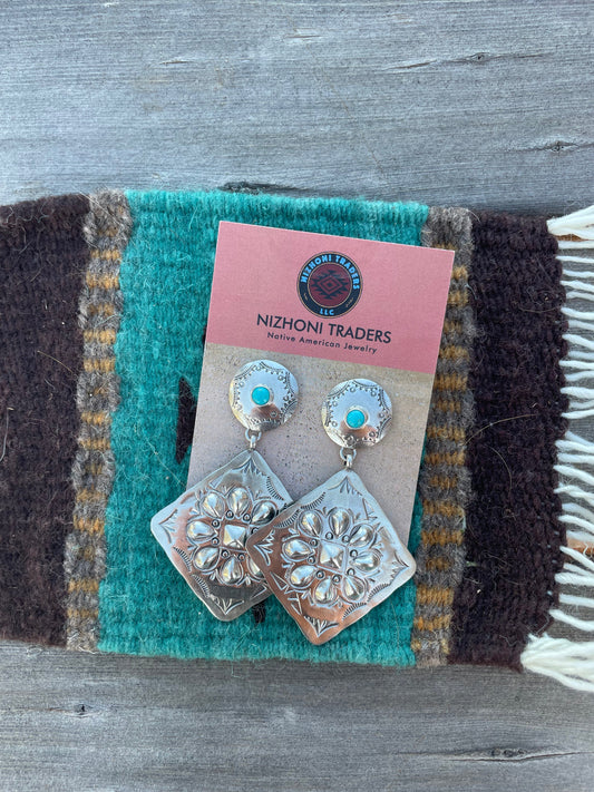 Beautiful Handcrafted Sterling Silver & Turquoise Concho Dangle Earrings Signed