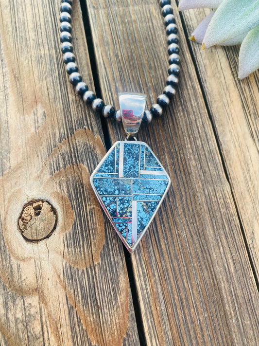 Handcrafted Blue Moon Turquoise and Sterling Silver Inlay Pendant