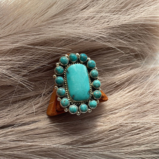 Handcrafted Turquoise & Sterling Silver Ring Size 8.5 Signed Robert Shakey