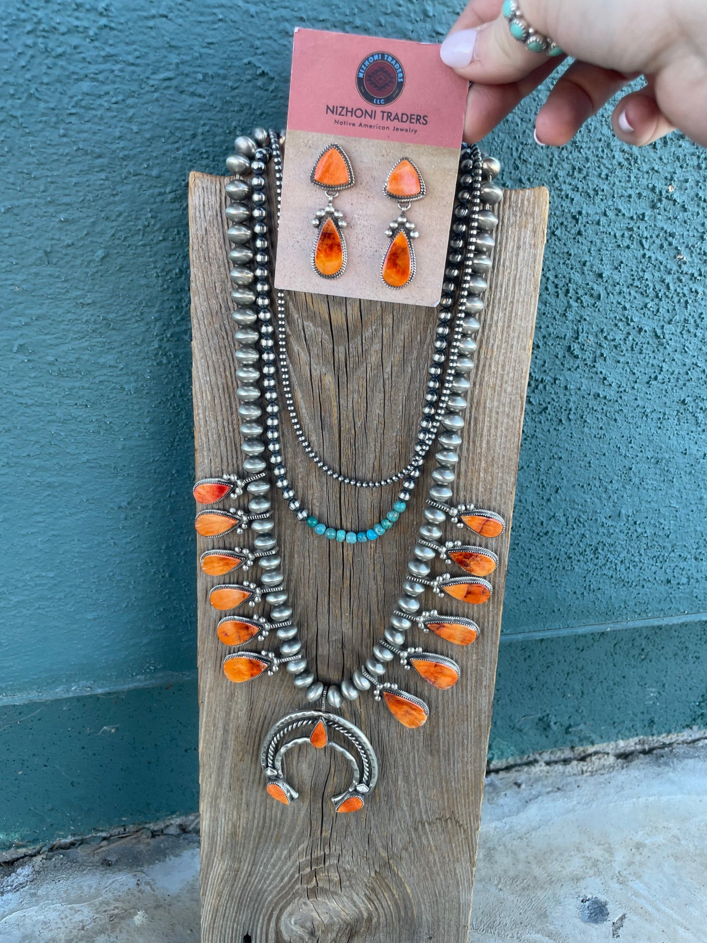 Handcrafted Orange Spiny And Sterling Silver Squash Blossom Necklace & Earrings Set By Selena Warner