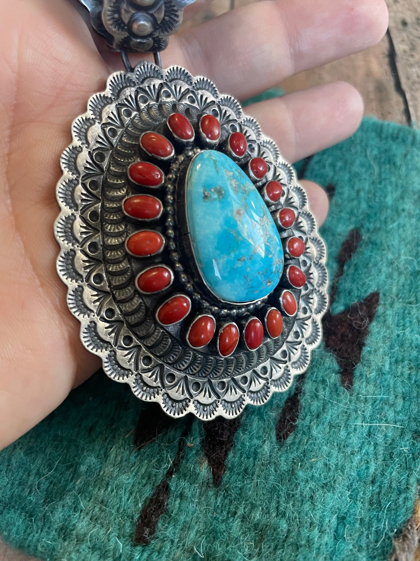 Navajo Sterling Silver, Coral, & Kingman Turquoise Pendant Signed