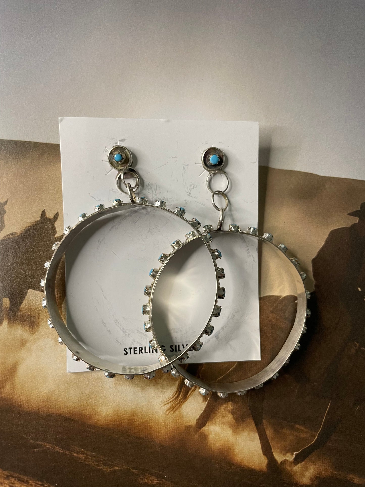 Navajo Sterling Silver And Turquoise Hoop Earrings