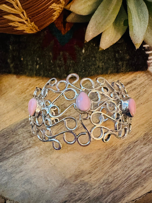 Handcrafted Queen Pink Conch Shell & Sterling Silver Cuff Bracelet