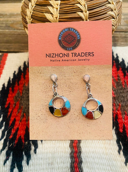 Handcrafted Sterling Silver & Multi Stone Inlay Dangle Earrings